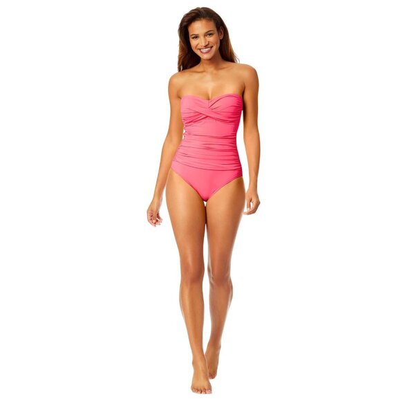 Anne Cole Womens Shirred Twist Front One-Piece Swimsuit Hot Flamingo Pink 8 - Picture 10 of 12
